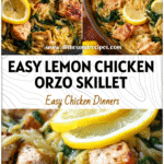 Golden lemon chicken and orzo skillet with spinach served as a comforting healthy dinner.
